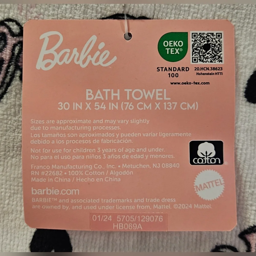 Barbie 100% Cotton Bath Towel Hearts Stars Silhouettes 30